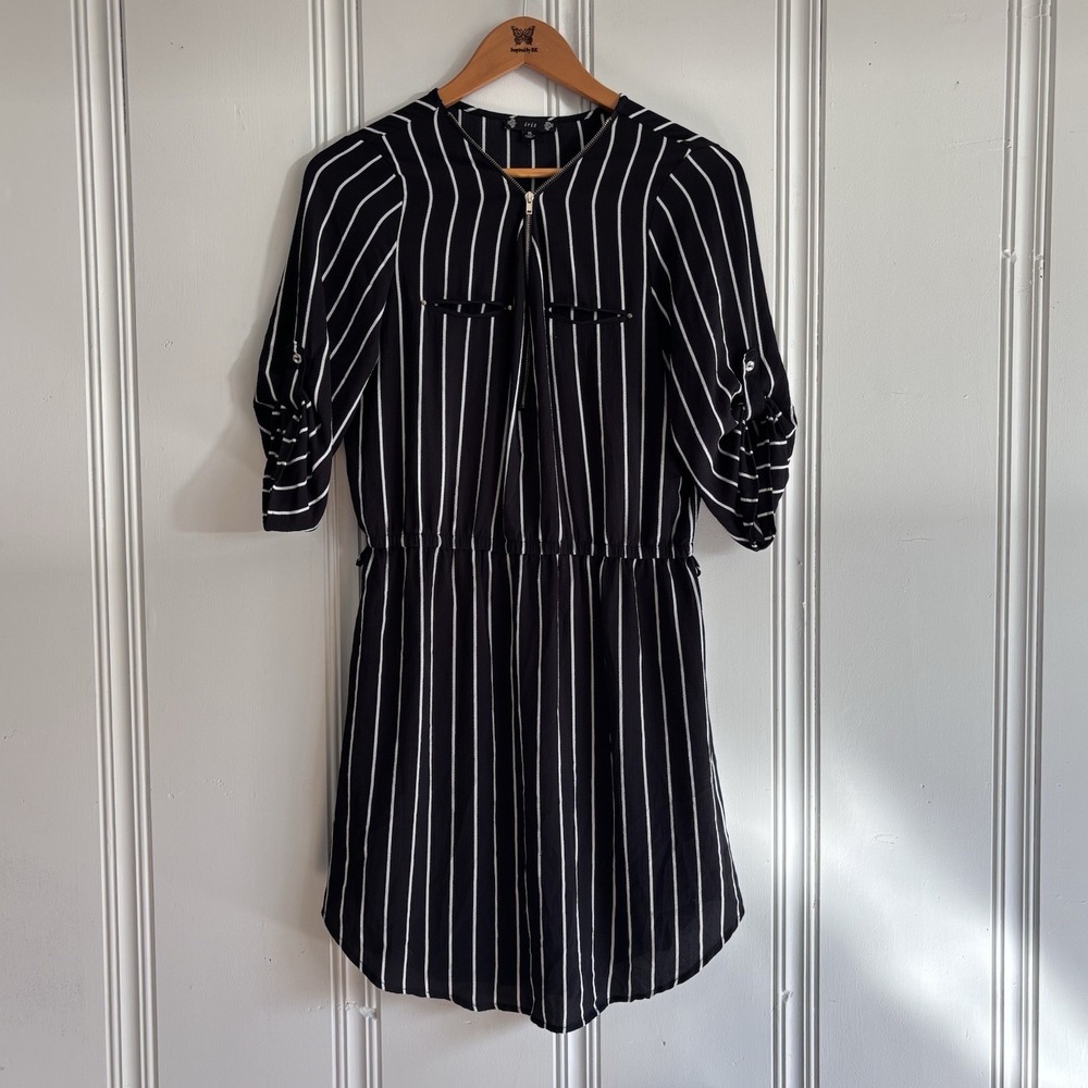 Black White Striped Dress Womens XL Iris Half Zip Roll Sleeve Halloween Cosplay